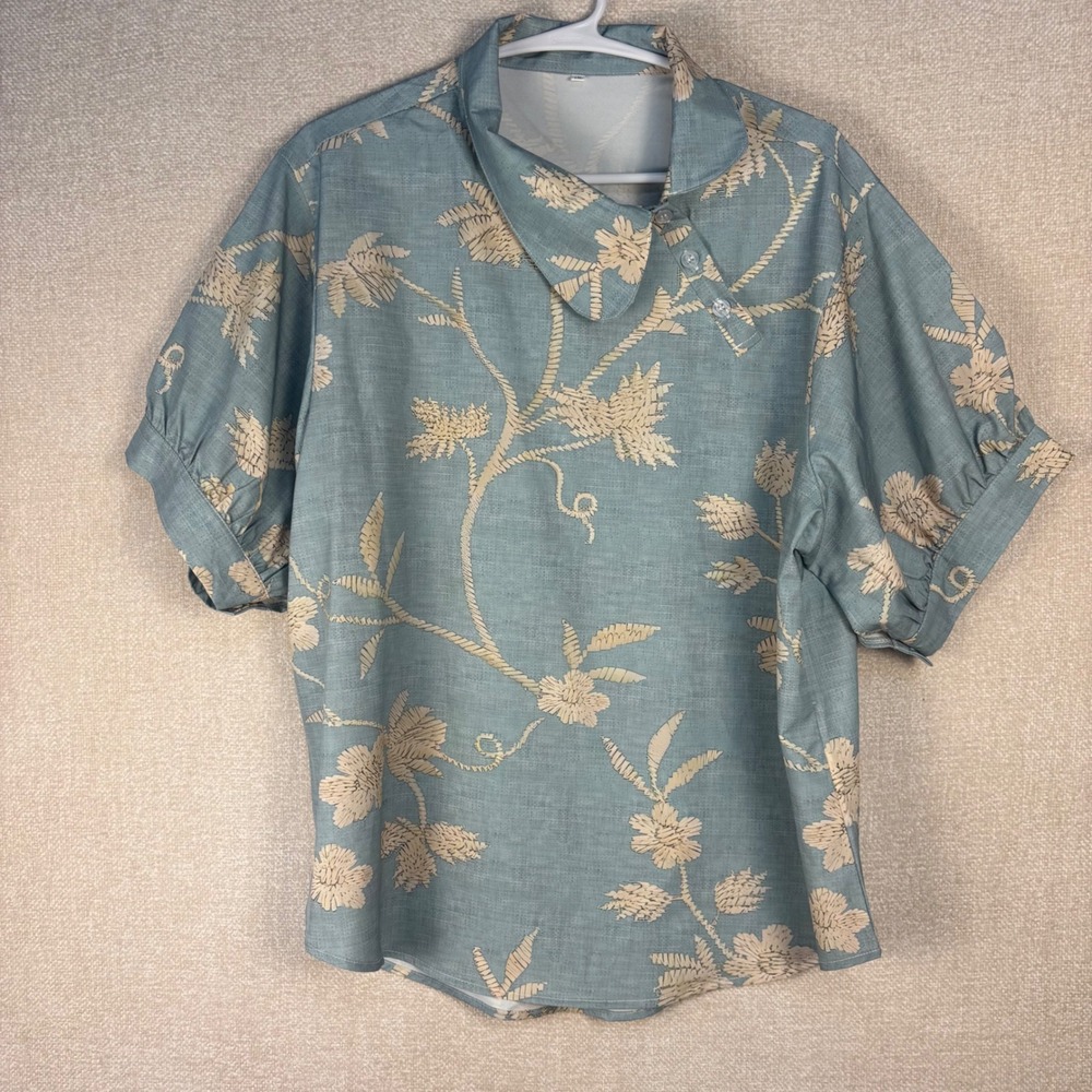 Blue Floral Asymmetric Button Collar Puff Sleeve Blouse Top Lightweight 1XL